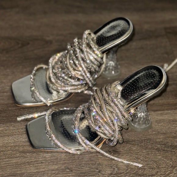 Azalea Wang Silver Rhinestone Wrap Stiletto Heels - Picture 3 of 4